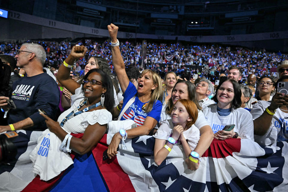 People cheers as Vice President Kamala Harris arrives at a rally in Charlotte, N.C., on Sept. 12, 2024.  (Jim Watson / AFP - Getty Images)