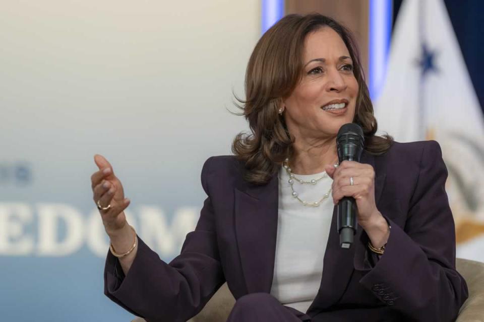 Vice President Kamala Harris participates in a moderated conversation on reproductive rights with model and TV personality Chrissy Teigen, Thursday, June 20, 2024, in the South Court Auditorium of the Eisenhower Executive Office Building at the White House. (Official White House Photo by Katie Ricks)