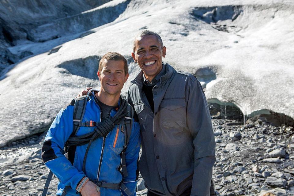 Bear Grylls and Barack Obama on a mountainside.