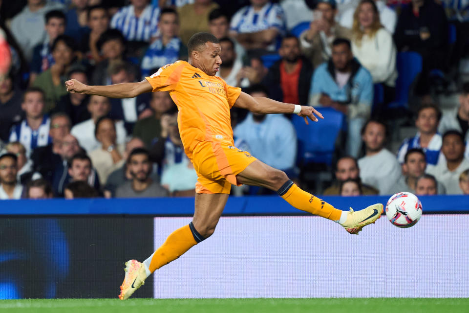 SAN SEBASTIAN, SPAIN - SEPTEMBER 14: Kylian Mbappe of Real Madrid in action during the LaLiga match between Real Sociedad and Real Madrid CF  at Reale Arena on September 14, 2024 in San Sebastian, Spain. (Photo by Juan Manuel Serrano Arce/Getty Images)