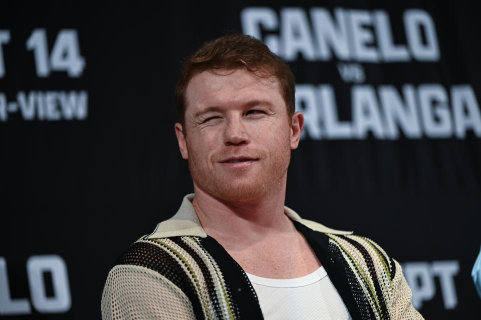 BEVERLY HILLS, CALIFORNIA - AUGUST 6: Canelo Alvarez and Edgar Berlanga hold press conference at the Beverly Hills Hotel in Los Angeles, California, United States on August 6, 2024. (Photo by Tayfun Coskun/Anadolu via Getty Images)