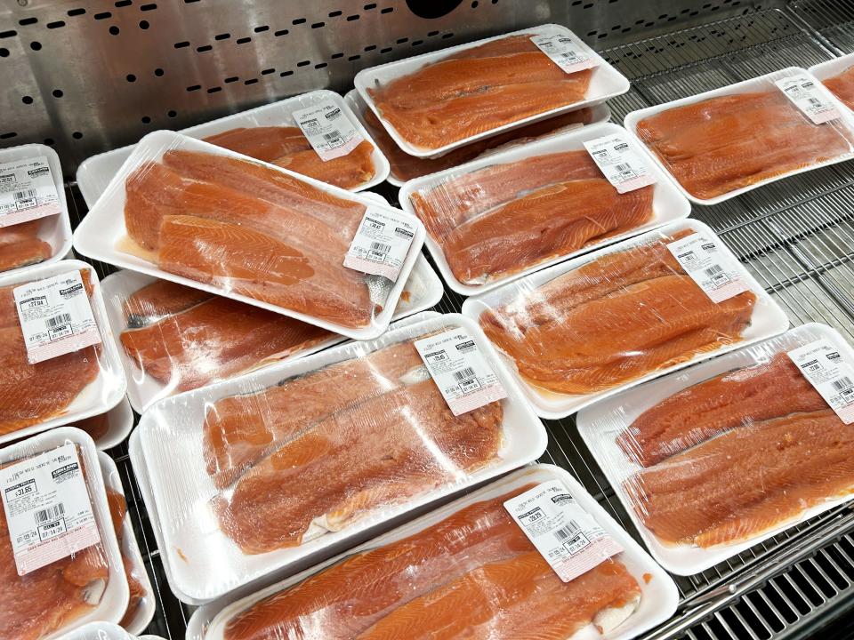 Pack of Kirkland Signature fresh wild sockeye salmon in the refrigerated section at Costco.