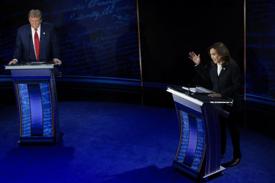 The Republican presidential nominee, former U.S. President Donald Trump, and the Democratic presidential nominee, U.S. Vice President Kamala Harris, debate for the first time during the presidential election campaign at The National Constitution Center on Sept. 10, 2024, in Philadelphia.