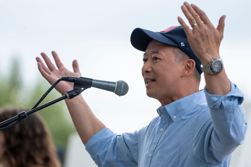 Democratic congressional candidate Lanon Baccam speaks during the Polk County Democrats Steak Fry at Water Works Park on Saturday, Sept. 14, 2024, in Des Moines.