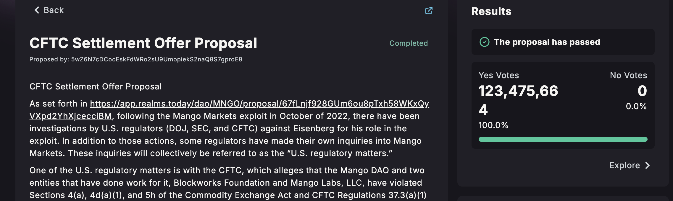 Mango DAO's CFTC Settlement Vote