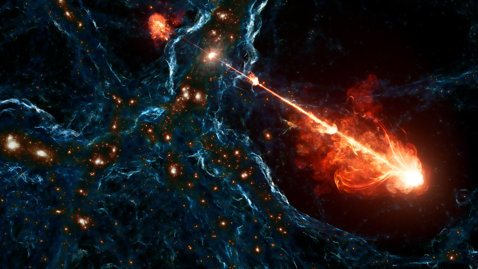 An artist's illustration demonstrates the scale of Porphyrion as its jets extend across intergalatic space. - E. Wernquist/D. Nelson/M. Oei