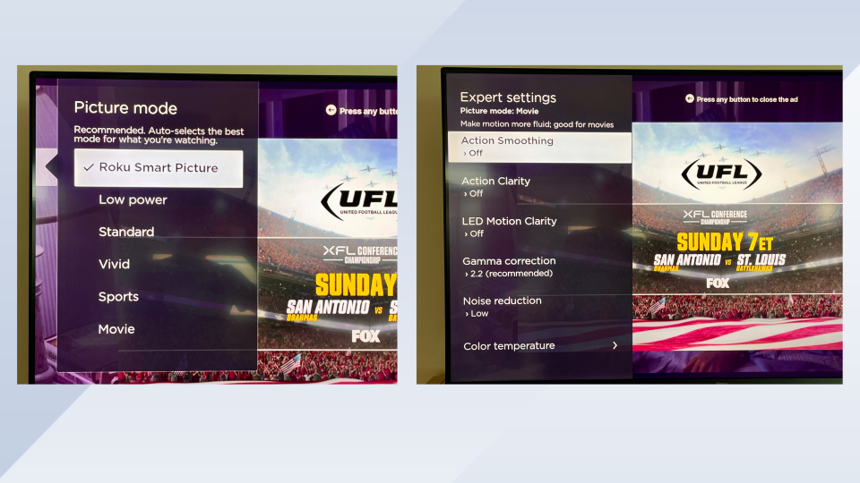 Photos of Roku's Smart Picture and Expert settings menus.