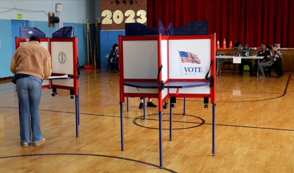 Voters fill in their ballots at the Khalil Gibran School in Yonkers on Election Day, Nov. 7, 2023.