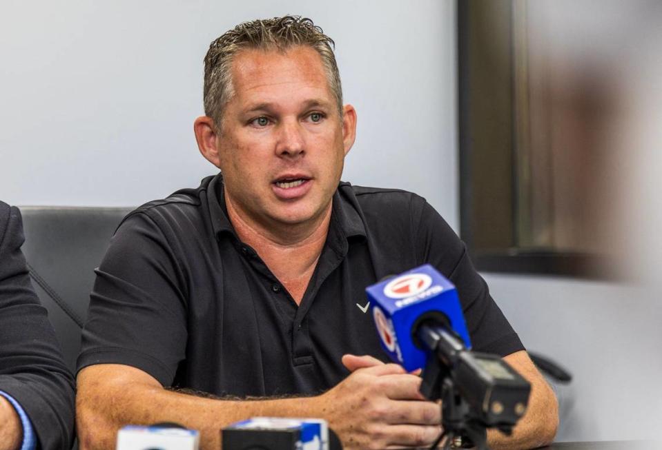 Park Commissioner Geoffrey Jacobs, talks to the media during a press conference with his attorney Michael Pizzi, held in Miami Lakes, to announce a multi-million dollar lawsuit on behalf of himself against Mayor Ashira Mohammed and the Town of Pembroke Park for malicious prosecution, false arrest and other Federal and State grounds, after all charges against him were dismissed by the Broward County Court, on Friday, September 06, 2024.