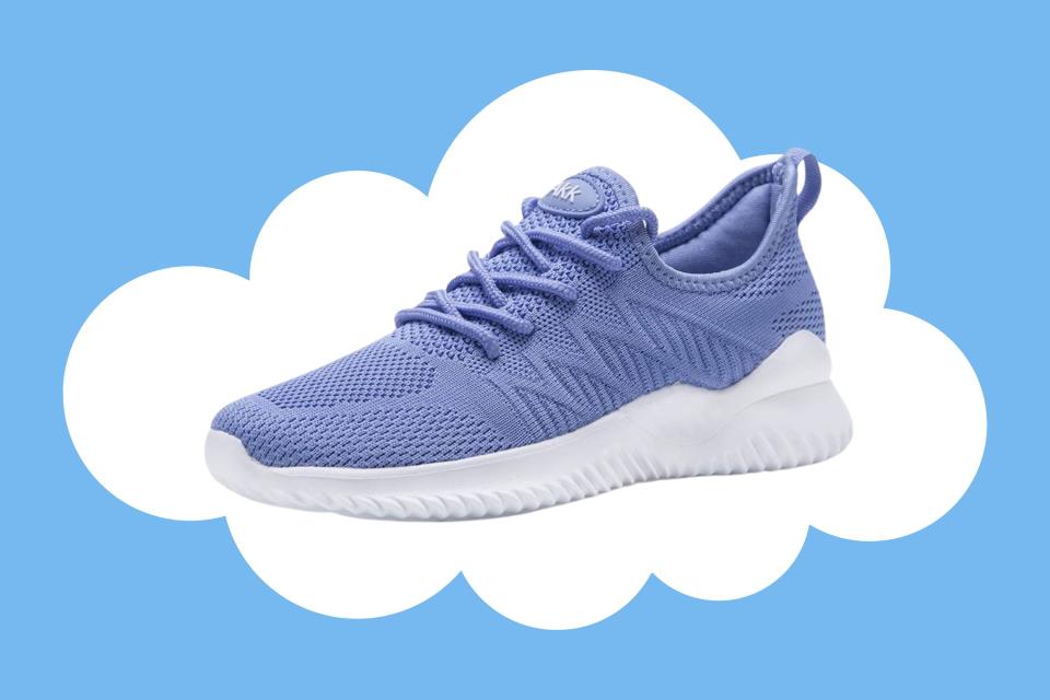 A blue walking shoe on a cloud.