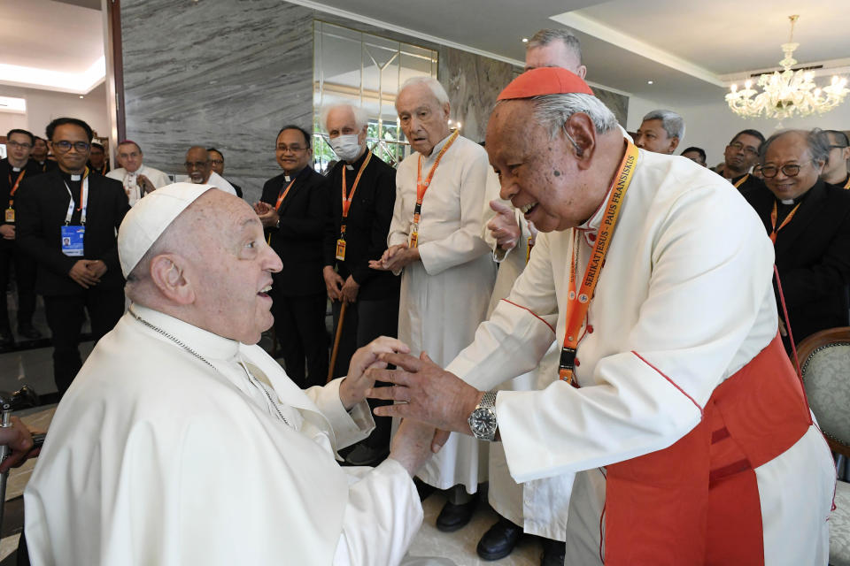 Pope Francis meets with around 200 Jesuits at Jakarta's Apostolic Nunciature, Sept. 4, 2024 in Jakarta, Indonesia. Pope Francis has embarked on his longest papal tour to date, visiting Indonesia before heading to Papua New Guinea, Timor-Leste and Singapore. / Credit: Divisione Produzione Fotografica/Getty