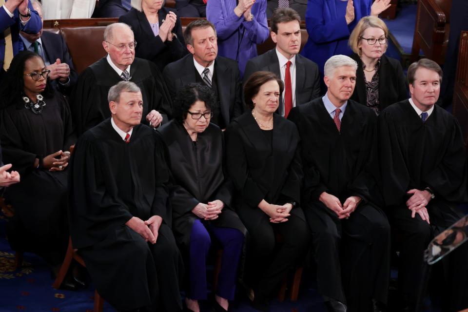 WASHINGTON, DC - MARCH 07: (L-R) U.S. Supreme Court Associate Justice Ketanji Brown Jackson, retired Associate Justice Anthony Kennedy, Chief Justice John Roberts, Associate Justice Sonia Sotomayor, Associate Justice Elena Kagan, Associate Justice Neil Gorsuch and Associate Justice Brett Kavanaugh attend U.S. President Joe Biden's State of the Union address during a joint meeting of Congress in the House chamber at the U.S. Capitol on March 07, 2024 in Washington, DC. This is Biden’s last State of the Union address before the general election this coming November. (Photo by Alex Wong/Getty Images) ORG XMIT: 776087421 ORIG FILE ID: 2067180103