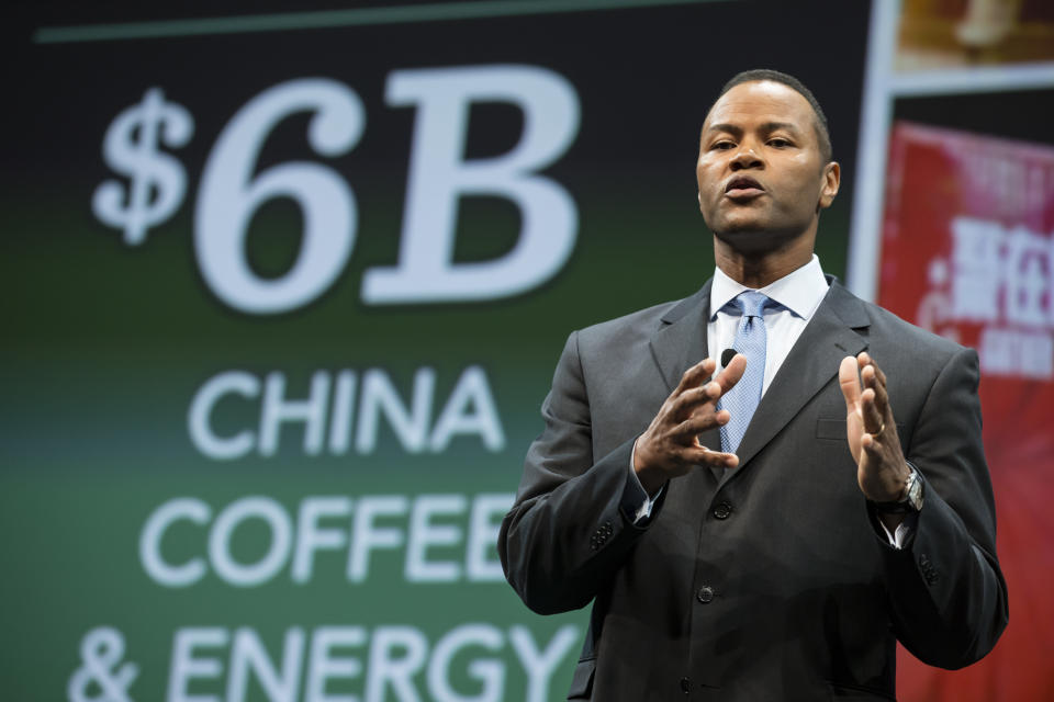 SEATTLE, WA - MARCH 18: Starbucks president of Global Channel Development Michael Conway speaks during the Starbucks annual shareholders meeting March 18, 2015 in Seattle, Washington. The company announced a 2-for-1 stock split, the sixth in its history, during the meeting.  (Stephen Brashear/Getty Images)