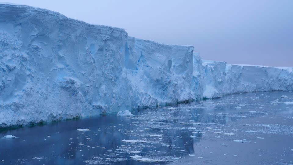 Photograph of the high cliffs of Thwaites Glacier taken from the British Antarctic Survey Twin Otter aircraft. - Rob Larter