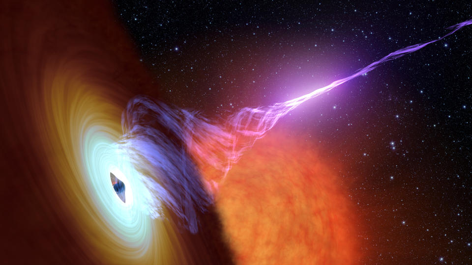  A purple glowing jet is released from a spinning black hole in space. 