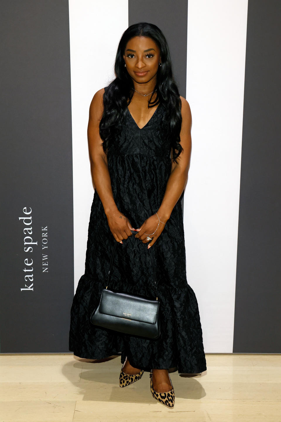 Simone Biles, Kate Spade, New York, leopard print, pumps, maxi dress, formal