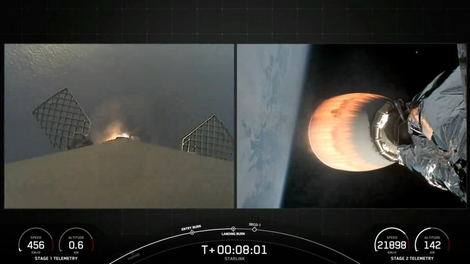  The first stage of a SpaceX Falcon 9 rocket comes down for a landing on a ship at sea on Sept. 20, 2024 (left) while the rocket's upper stage carries 20 Starlink internet satellites to orbit (right). 