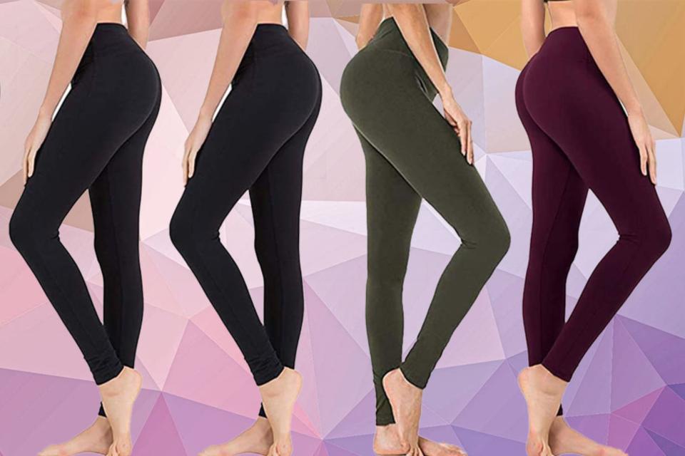 Leggings in blue, black, olive and burgundy.