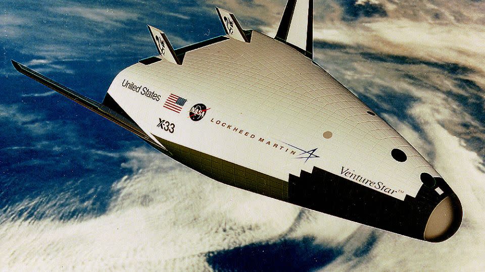 Shown in this rendering, NASA’s X-33 was an experimental reusable vehicle that was meant to demonstrate the potential of SSTO, but was canceled. - NASA