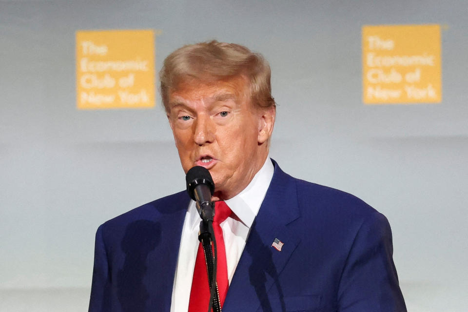 Republican presidential nominee and former U.S. President Donald Trump speaks at the Economic Club of New York in New York City, U.S. September 5, 2024.  REUTERS/Brendan McDermid/File Photo