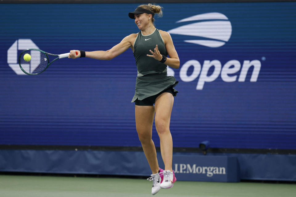 Sep 1, 2024; Flushing, NY, USA; Paula Badosa (ESP) hits a forehand against Yafan Wang (CHN) (not pictured) in a women's singles match on day seven of the 2024 U.S. Open tennis tournament at USTA Billie Jean King National Tennis Center. Mandatory Credit: Geoff Burke-USA TODAY Sports