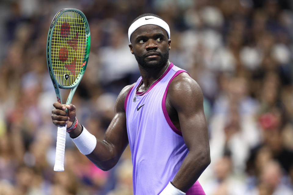 NEW YORK, NEW YORK - SEPTEMBER 01: Frances Tiafoe of the United States looks on during the fourth set against Alexei Popyrin of Australia during their Men's Singles Fourth Round match on Day Seven of the 2024 US Open at USTA Billie Jean King National Tennis Center on September 01, 2024 in the Flushing neighborhood of the Queens borough of New York City. (Photo by Jamie Squire/Getty Images)