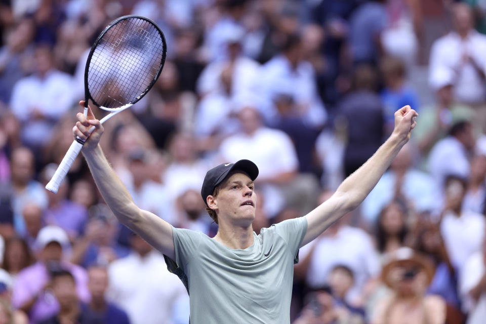 NEW YORK, NEW YORK - SEPTEMBER 06: Jannik Sinner of Italy celebrates after defeating Jack Draper of Great Britain during their Men's Singles Semifinal match on Day Twelve of the 2024 US Open at USTA Billie Jean King National Tennis Center on September 06, 2024 in the Flushing neighborhood of the Queens borough of New York City. (Photo by Matthew Stockman/Getty Images)