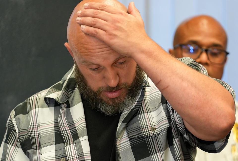 Jimmy Van Huss Jr., Carmen Van Huss’s younger brother, speaks during a press conference announcing the arrest of Dana Shepherd as a suspect in the 1993 murder of Carmen Van Huss on Tuesday, Sept. 3, 2024, at the City-County Building in Indianapolis.