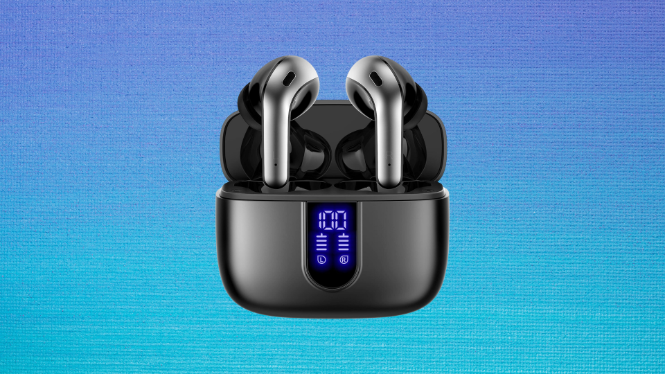 bluetooth earbuds and case over blue background