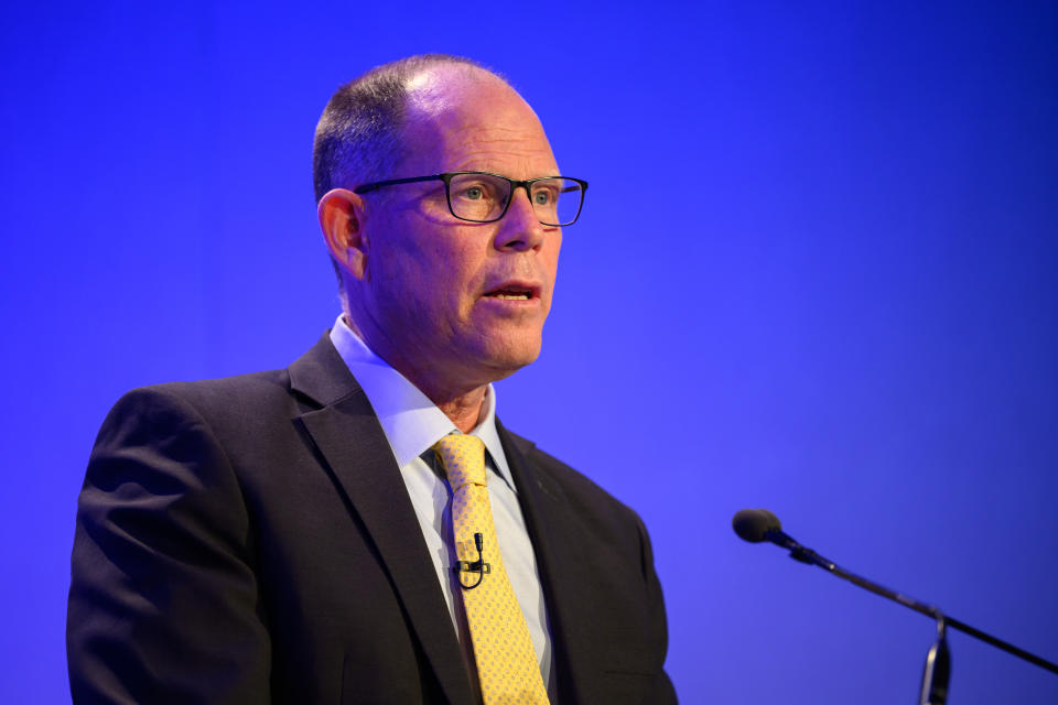 LONDON, ENGLAND - JUNE 13: Mark Suzman, CEO of the Bill and Melinda Gates Foundation, addresses delegates at The Queen Elizabeth II Conference Centre on June 13, 2023 in London, England. A series of politicians and guest speakers have addressed London Tech Week, which touts itself as a 