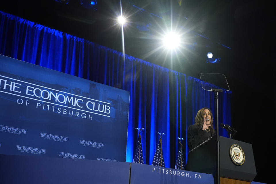 Democratic presidential nominee Vice President Kamala Harris speaks at a campaign event at Carnegie Mellon University, Wednesday, Sept. 25, 2024, in Pittsburgh. (AP Photo/Jacquelyn Martin)