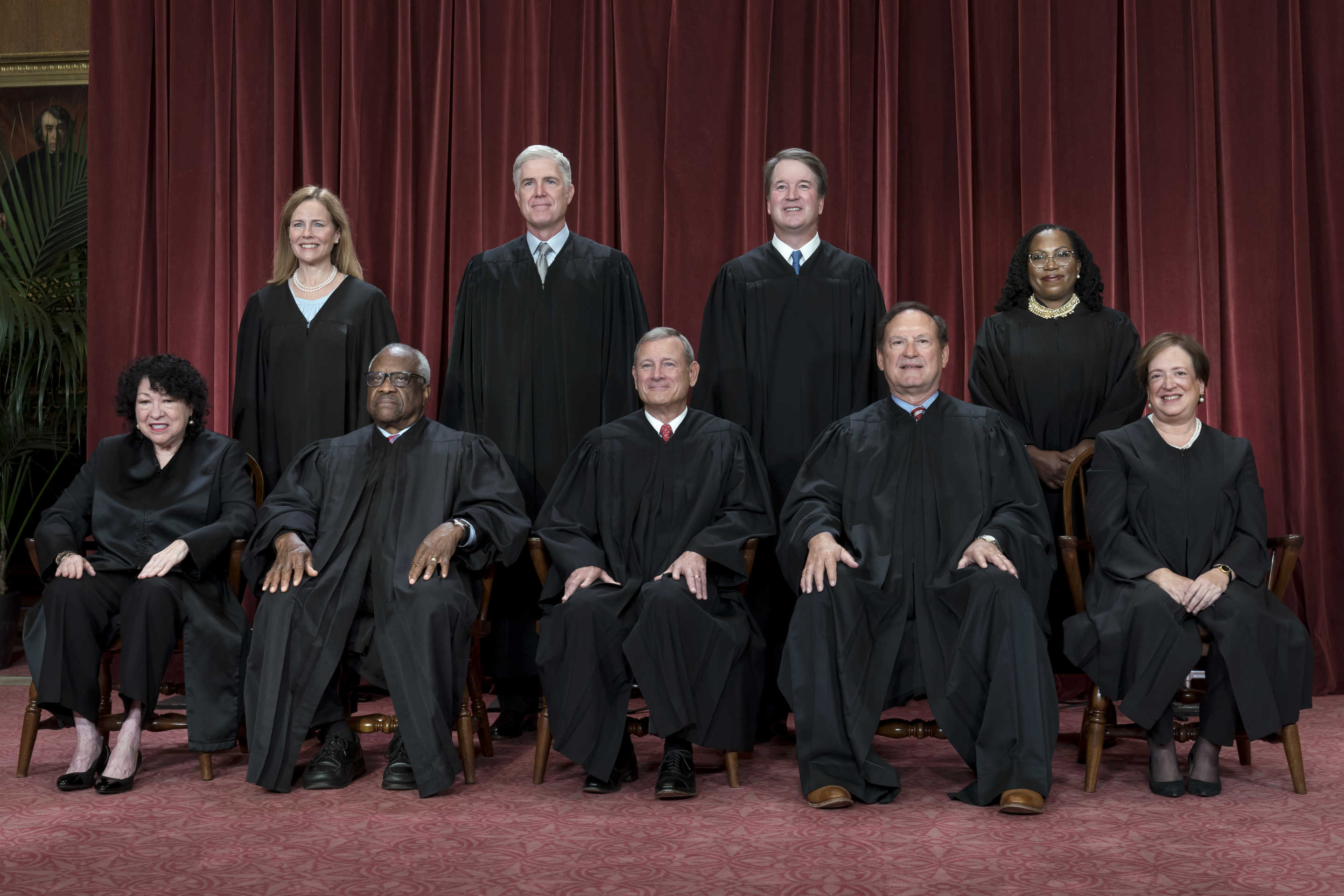 Members of the Supreme Court sit for a group portrait in 2022. Bottom row, from left, Associate Justice Sonia Sotomayor, Associate Justice Clarence Thomas, Chief Justice of the United States John Roberts, Associate Justice Samuel Alito, and Associate Justice Elena Kagan. Top row, from left, Associate Justice Amy Coney Barrett, Associate Justice Neil Gorsuch, Associate Justice Brett Kavanaugh, and Associate Justice Ketanji Brown Jackson.