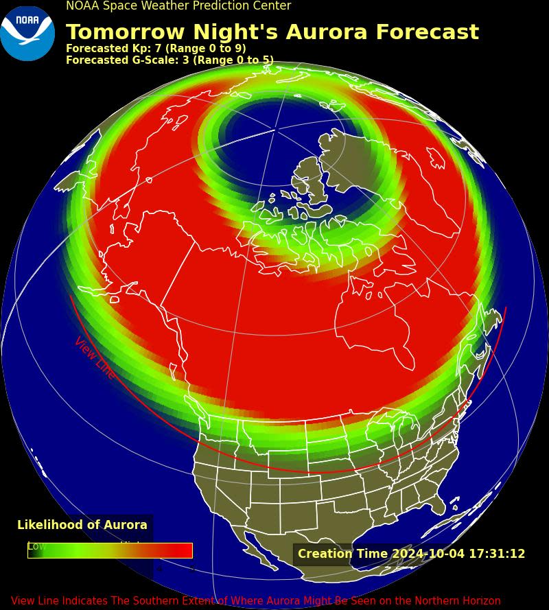 The aurora forecast for Saturday, October 5, as shown in a computer illustration of the globe.