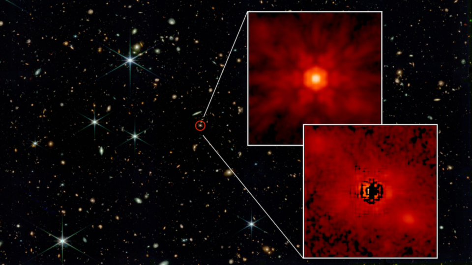 A black background with specks of white, yellow, and blue, one speck is magnified by two dusty red boxes