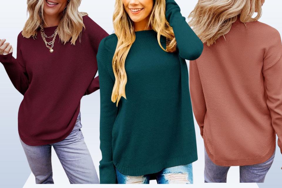 Three crewneck pullovers in burgundy, green and pumpkin.