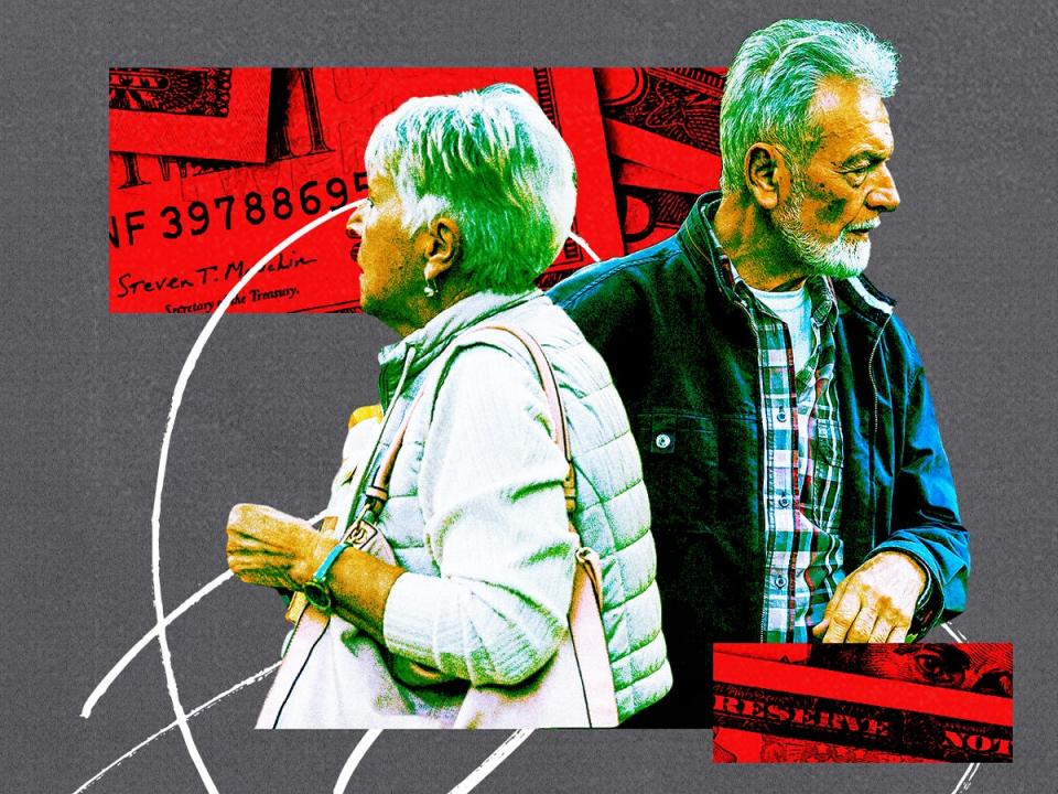 divorced elderly couple collaged with money and scribbles