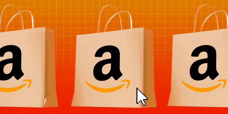 Shopping bags with the Amazon logo in front of an orange grid background