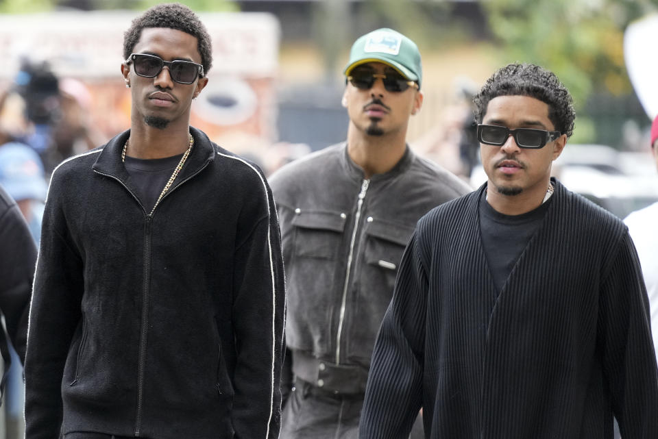 Combs's sons — Christian Combs, Quincy Brown and Justin Combs — outside Manhattan federal court on Sept. 17.