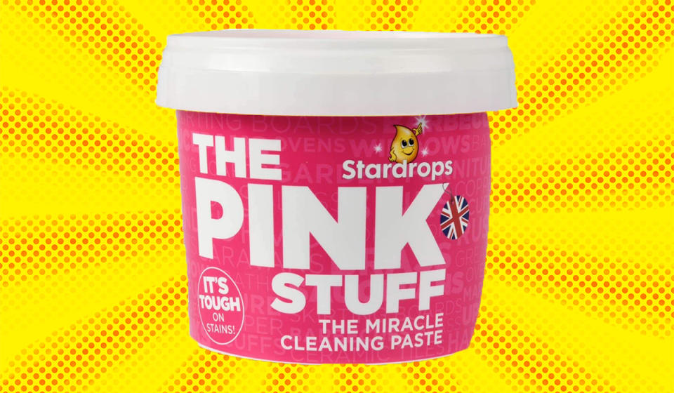 A tub of The Pink Stuff on a yellow background