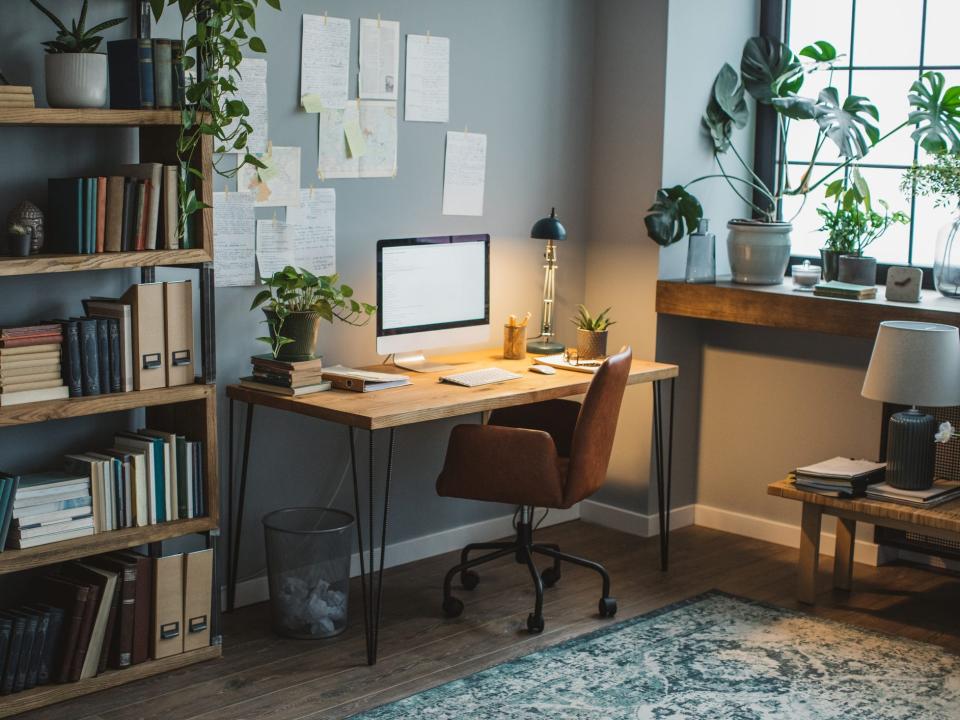 A dimly-lit home office with a computer, books, a lamp, and plants on a desk, plants by a window, and a shelving unit with books, plants, and filing materials on it.