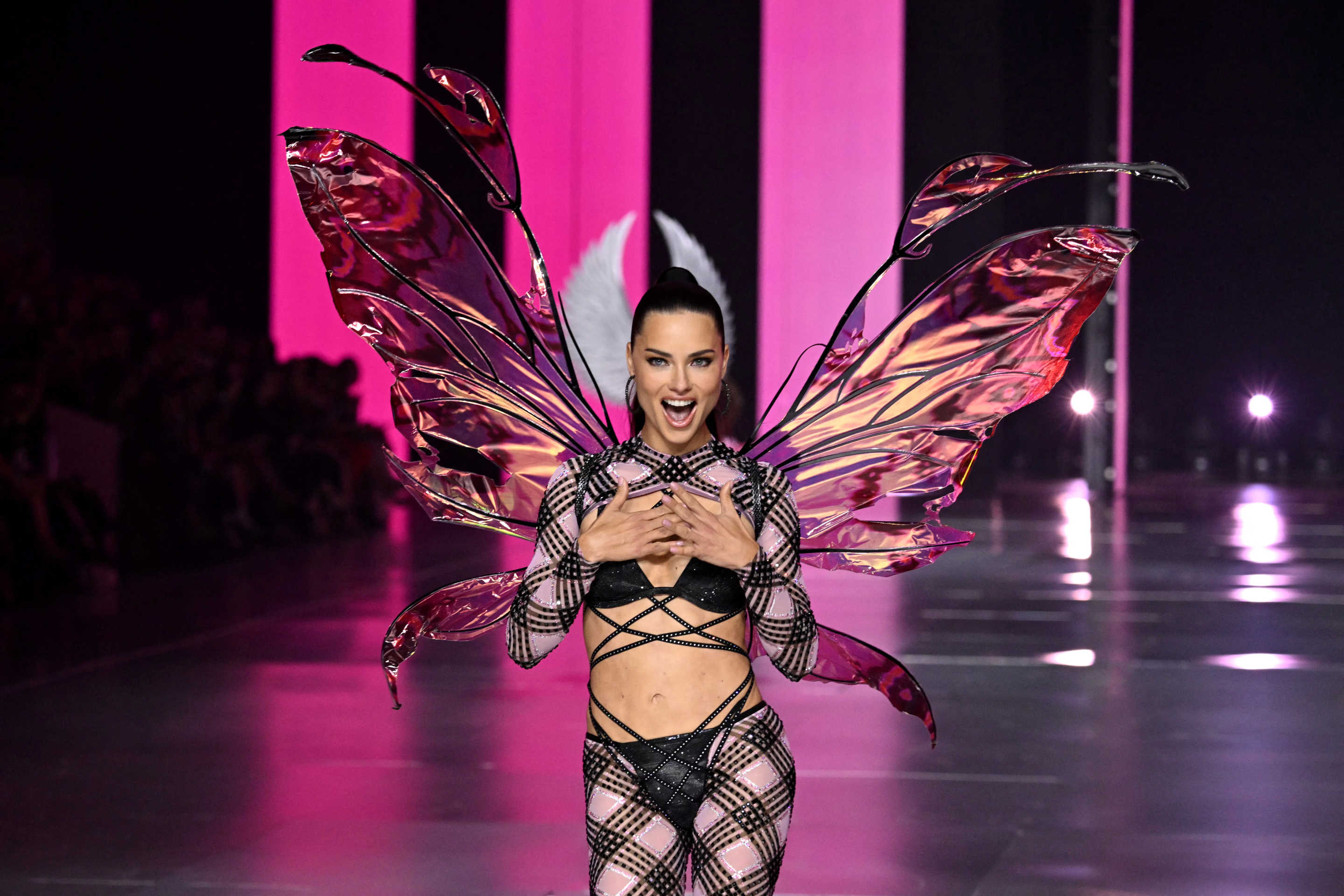 Adriana Lima, in butterfly wings and checkered stockings, looks exultant.