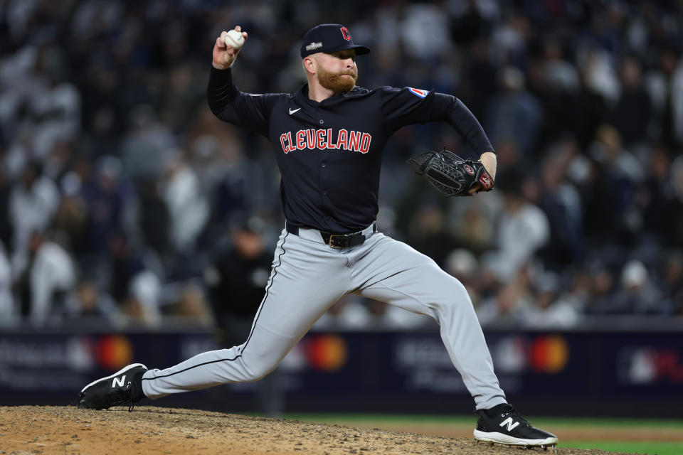 NEW YORK, NEW YORK - OCTOBER 14: Pitcher Andrew Walters #63 of the Cleveland Guardians pitches during the 8th inning of Game One of the American League Championship Series against the New York Yankees at Yankee Stadium on October 14, 2024 in New York City. (Photo by Patrick Smith/Getty Images)