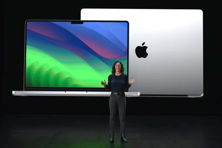 Kate Bergeron presents the M3 Pro and M3 Max MacBook Pro at Apple's Scary Fast event on October 30, 2023.