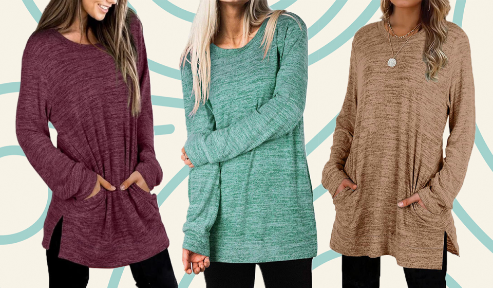 women wearing tunic top in heather burgundy, heather green and heather brown