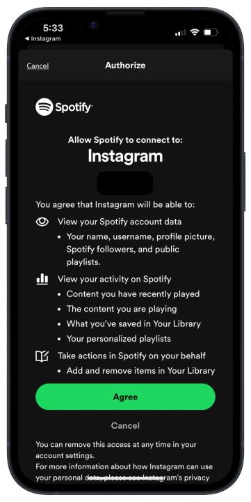 Spotify linking page on Instagram for iOS.