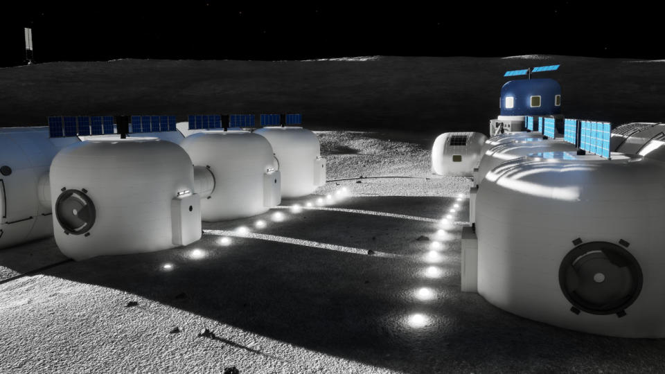 illustration of a dozen cylindrical white habitats on the surface of the moon