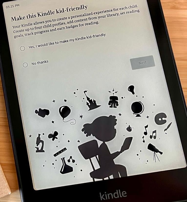 A photo of the Kindle's child-profile setup screen.