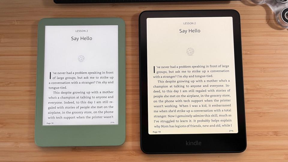 The entry-level Kindle (left) alongside the Kindle Paperwhite, both 2024 models.