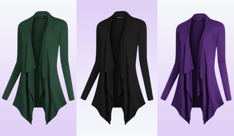 drapey long-sleeved cardigan in dark green, black and dark purple