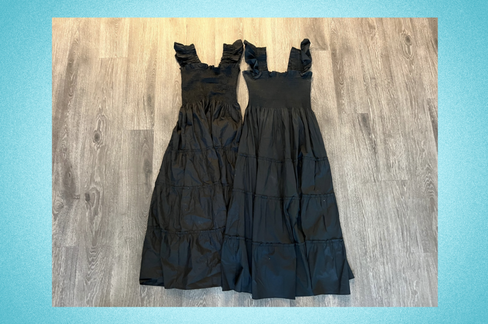 The Quince dress (left) is 100% organic cotton while the Hill House dress (right) is polyester. (Yahoo/Rebecca Carhart)